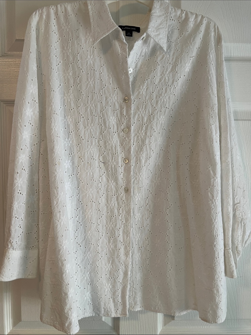 Lands' End White Eyelet Cotton Button-Down Blouse
